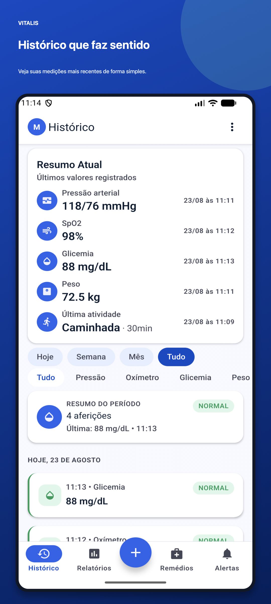 Tela de histórico do Vitalis com filtros e registros de pressão