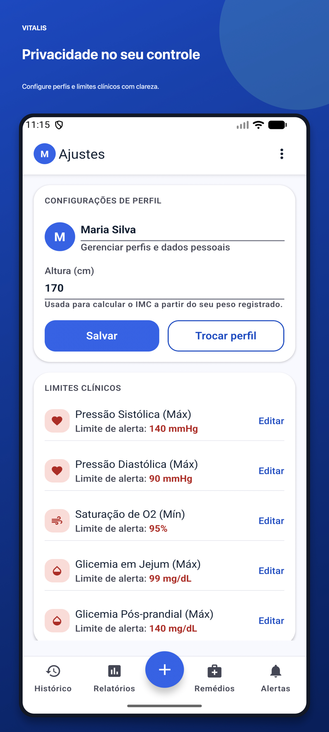 Tela de ajustes e backup do Vitalis